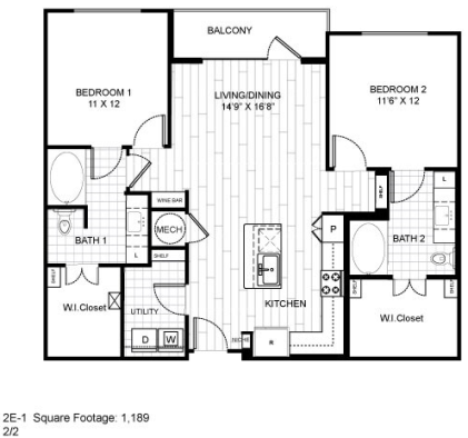floor plan of a two bedroom apartment at The Live Oak at  Branch
